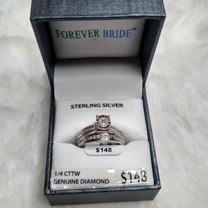 NIB Sterling Silver 1/4 CTTW Genuine Diamond Engagement Ring Bridal Set Sz 7